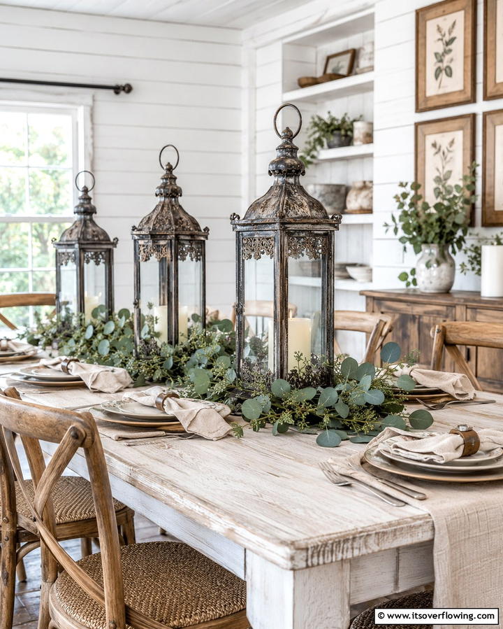 Vintage Lanterns with Eucalyptus Greenery - 20 Unique Lantern Centerpiece Ideas for Any Occasion