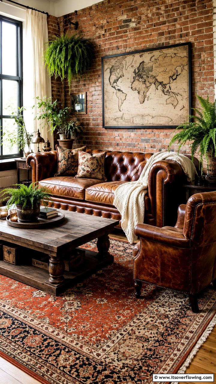 Vintage Leather Comfort - 30 Boho Chic Living Room Ideas for a Cozy and Eclectic Vibe