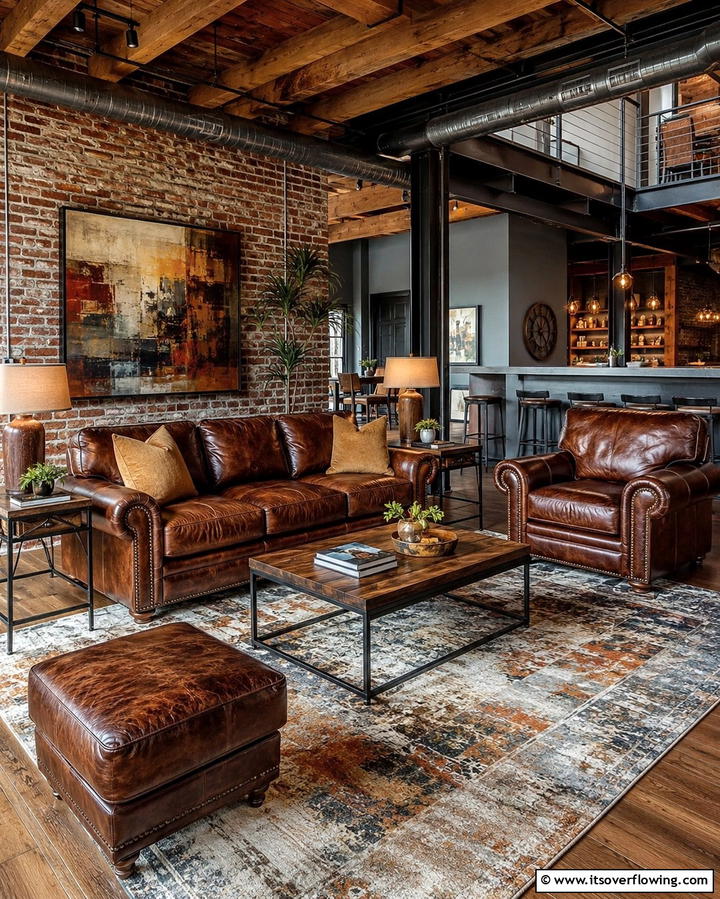 Vintage Leather Furniture - 30 Industrial Living Room Ideas with Urban Charm