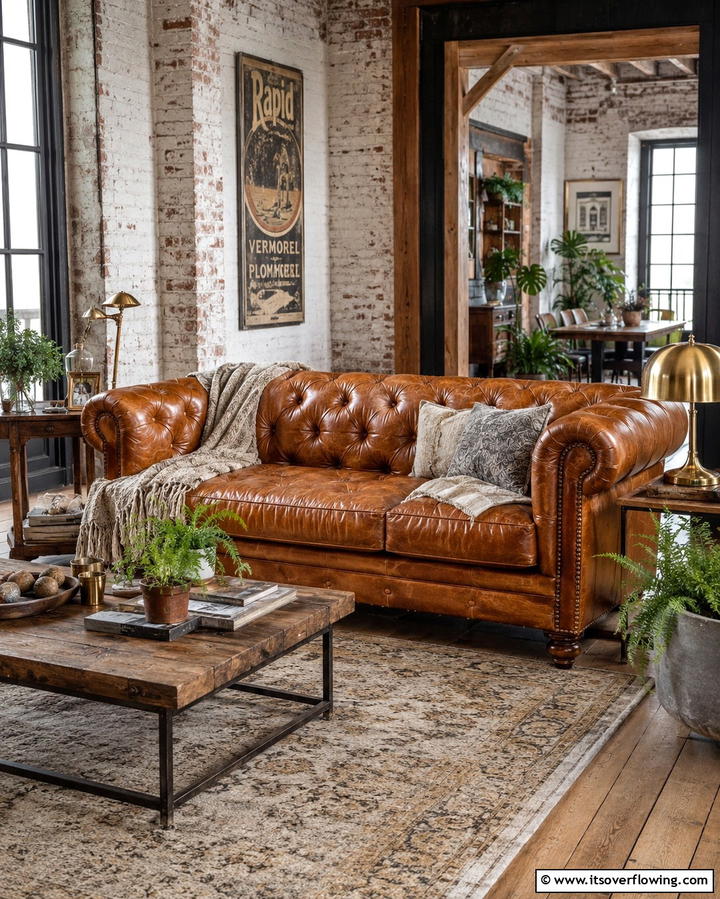 Vintage Leather Sofa Comfort - 30 Small Rustic Living Room Ideas for Cozy Charm