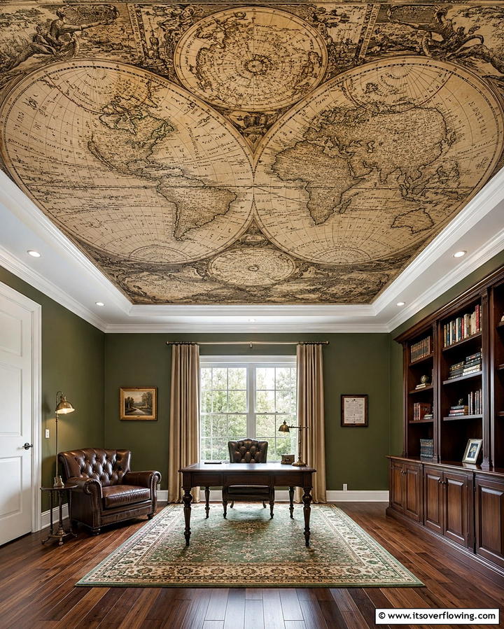 Vintage Map Illustration - 30 Artistic Ceiling Murals to Inspire Unique Interior Designs