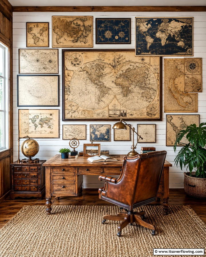 Vintage Map Wall Display - 30 Rustic Home Office Ideas for a Cozy Workspace