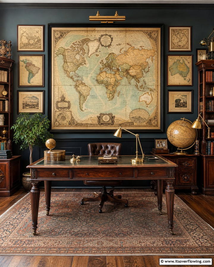 Vintage Map Wall - 20 Home Office Background Ideas for Professional Vibes