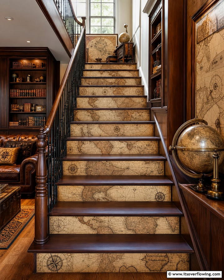 Vintage Maps - 25 Stair Riser Ideas to Enhance Your Home’s Interior