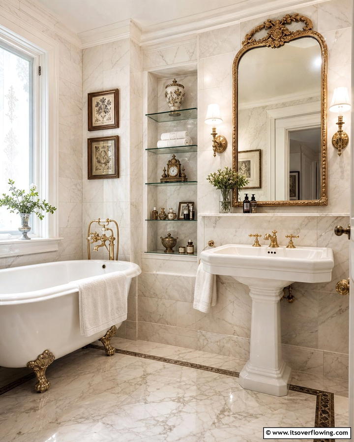 Vintage Marble Bathroom Charm - 30 Luxurious Marble Bathroom Ideas for a Spa-Like Retreat