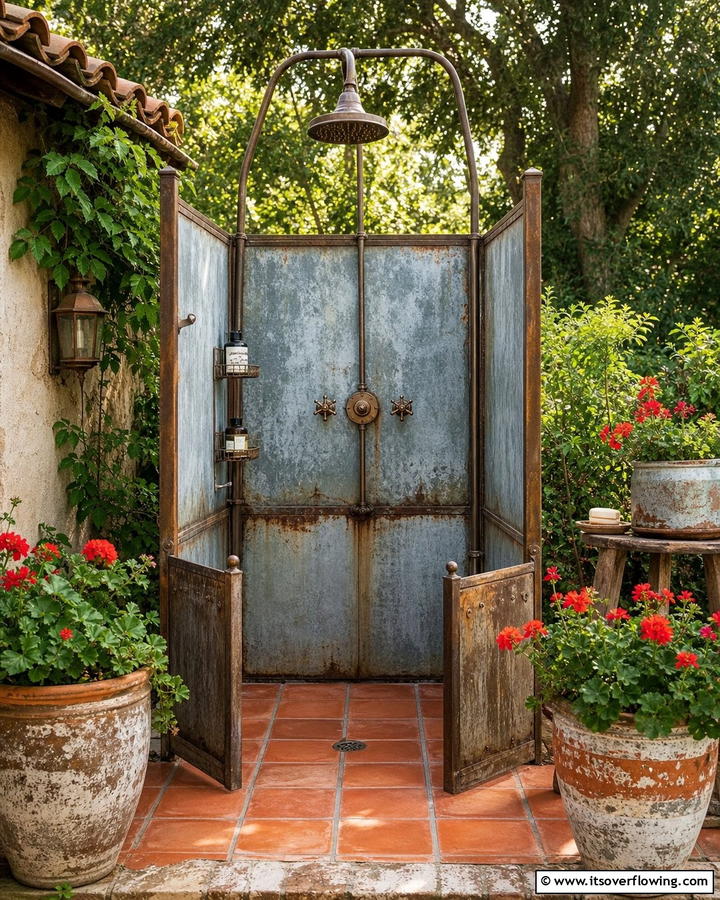 Vintage Metal Shower Stall - 21 Outdoor Shower Designs for Poolside Luxury & Functionality
