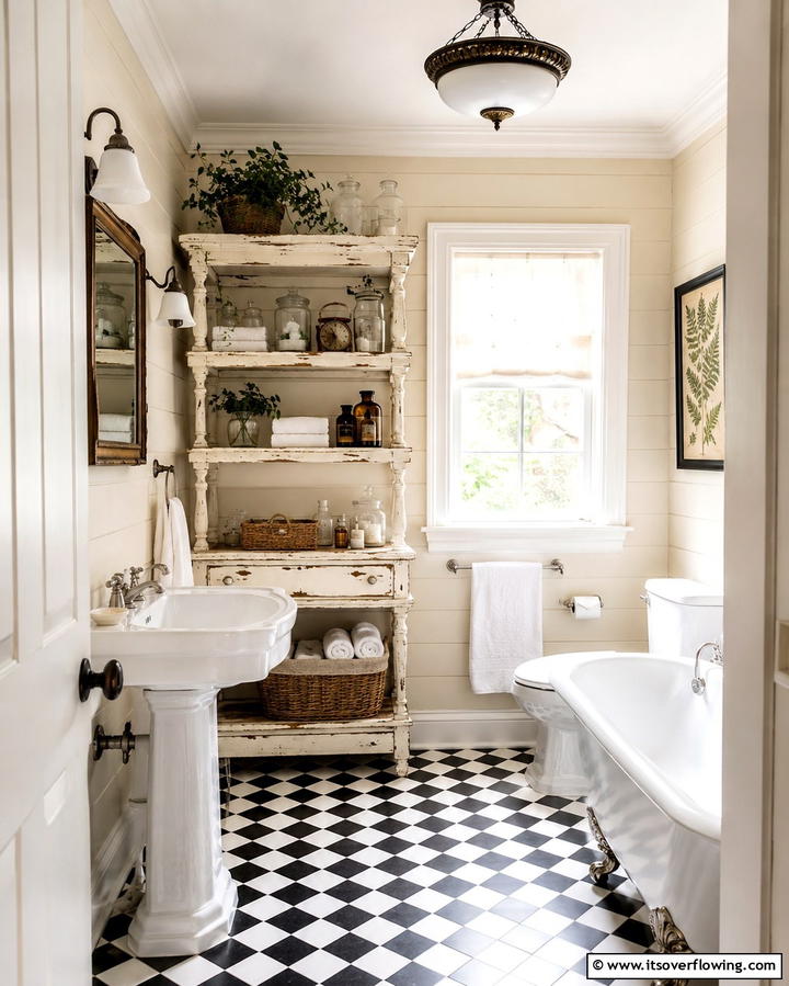 Vintage Open Shelves - 30 Small Bathroom Shelving Ideas for Smart Storage