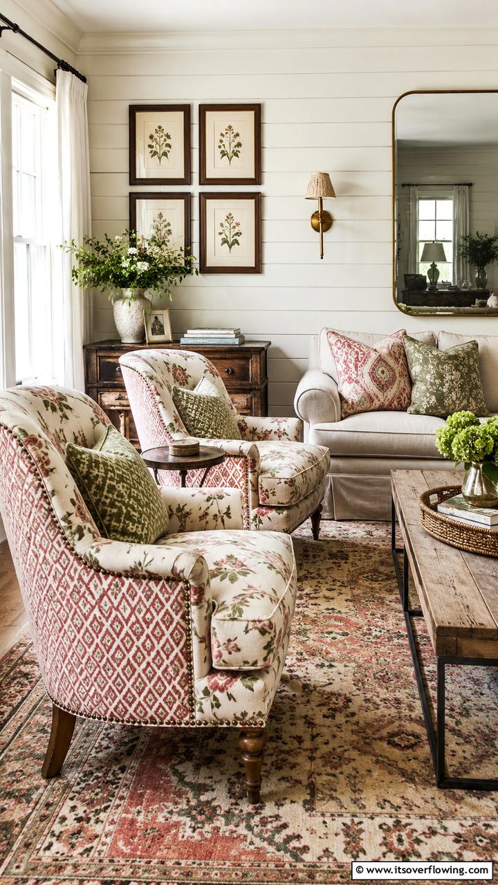 Vintage Patterned Accent Chairs - 30 Cottage Living Room Ideas for Cozy Home Spaces