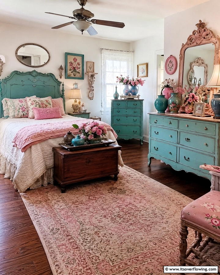 Vintage Pink and Teal Accents - 30 Teal and Pink Bedroom Ideas for Bold Modern Design