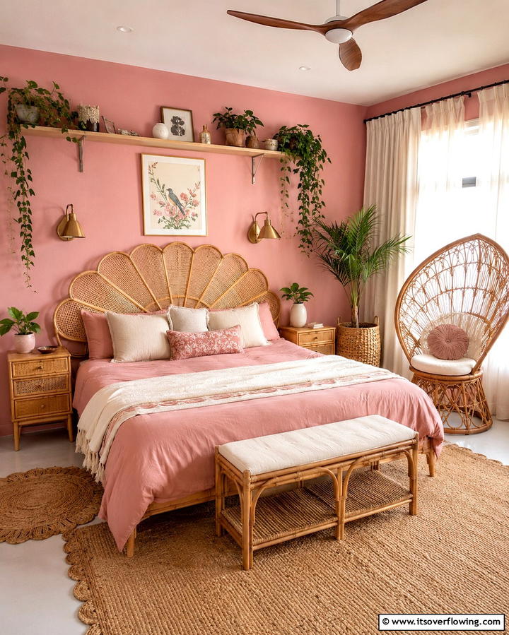 Vintage Rattan Furniture Charm - 30 Pink Boho Bedroom Ideas for a Chic and Cozy Retreat