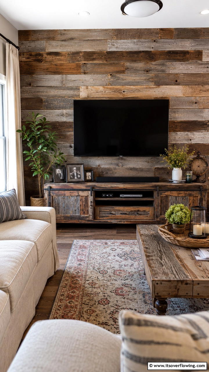 Vintage Reclaimed Wood TV Wall - 21 Innovative TV Wall Ideas to Maximize Living Room Space