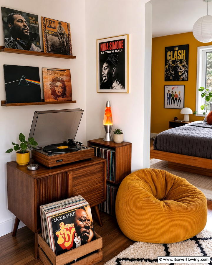 Vintage Record Player Corner - 25 60s Bedroom Ideas for a Retro-Inspired Space