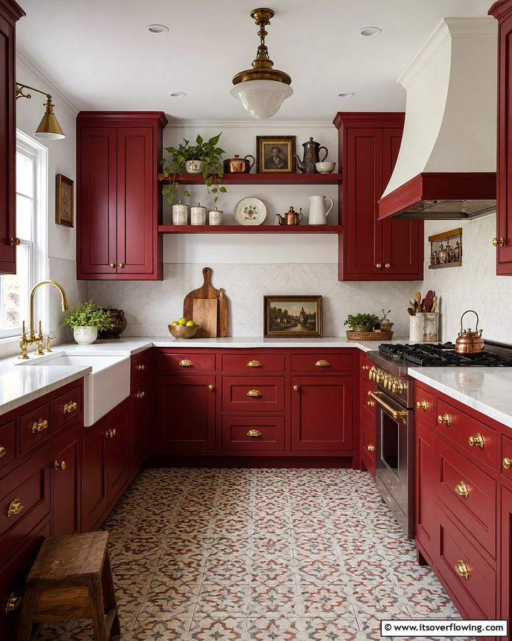 Vintage Red Cabinets with Brass Hardware - 17 Red Kitchen Design Ideas for Bold Contemporary Spaces