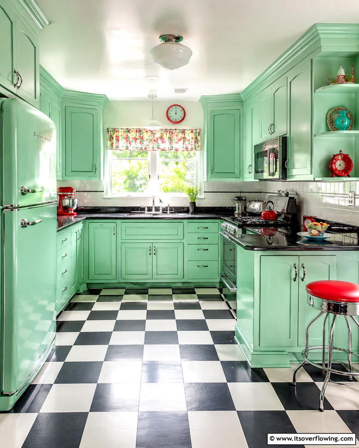 Vintage Retro Revival - 30 Green Kitchen Cabinets & Black Countertops Pairing Ideas