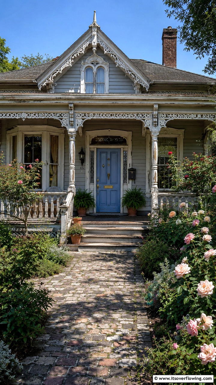 Vintage Revival Style - 30 Grey House With Blue Door Ideas- Charming Curb Appeal