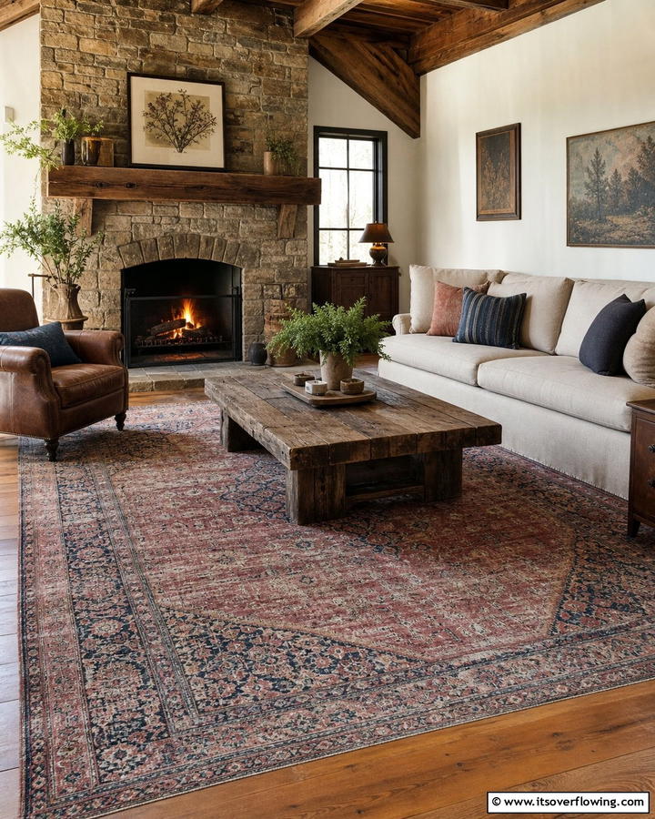 Vintage Rug Accents - 21 Rustic Living Room Ideas for Cozy Natural Interior Designs