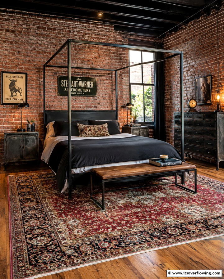 Vintage Rugs - 25 Industrial Bedroom Ideas- Urban & Stylish Designs