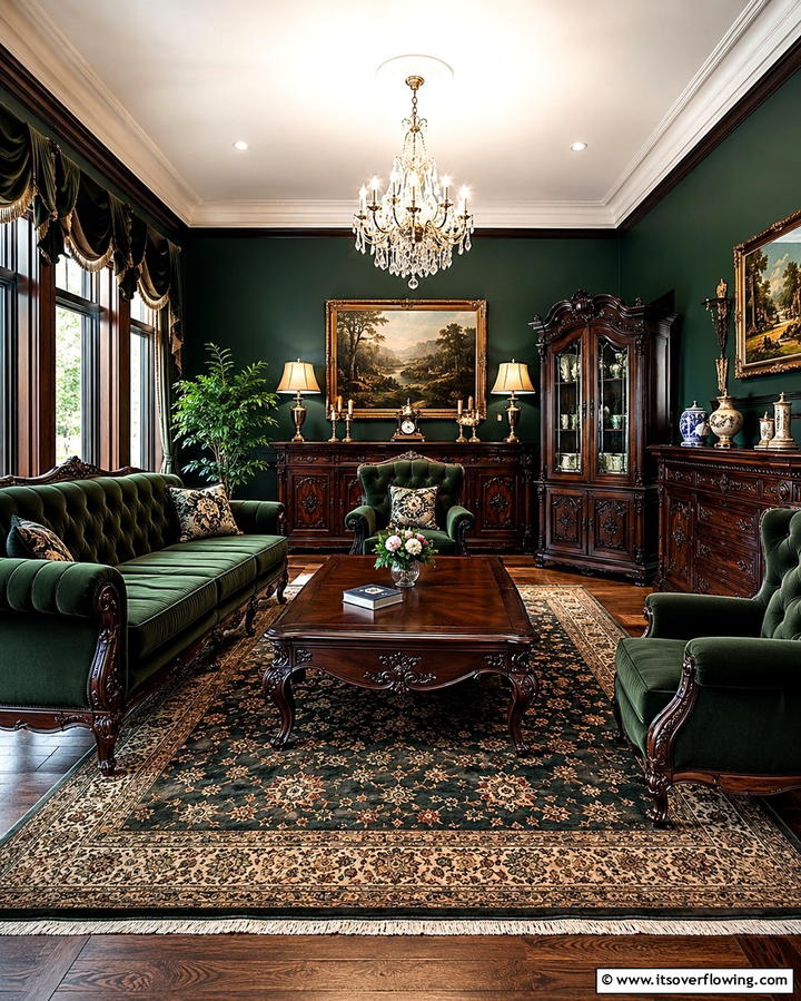 Vintage Rugs - 25 Victorian Dark Green Living Room Ideas for Drama