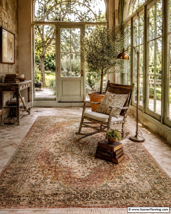 Vintage Rugs for Added Warmth - 25 Rustic Sunroom Ideas to Enjoy Nature Indoors