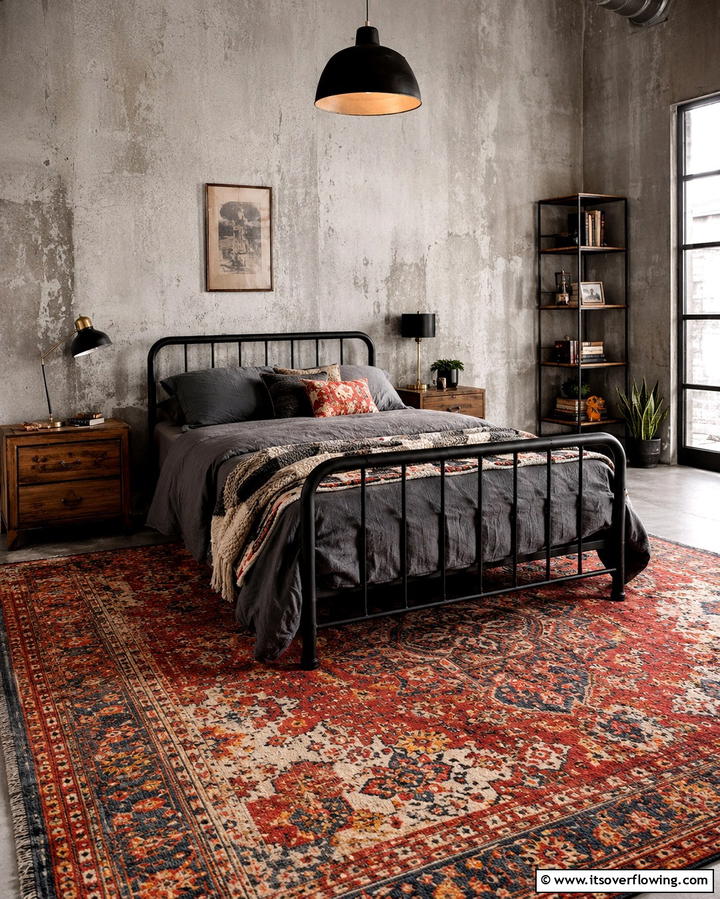 Vintage Rugs for Added Warmth - 25 Industrial Bedroom Ideas- Urban & Stylish Designs