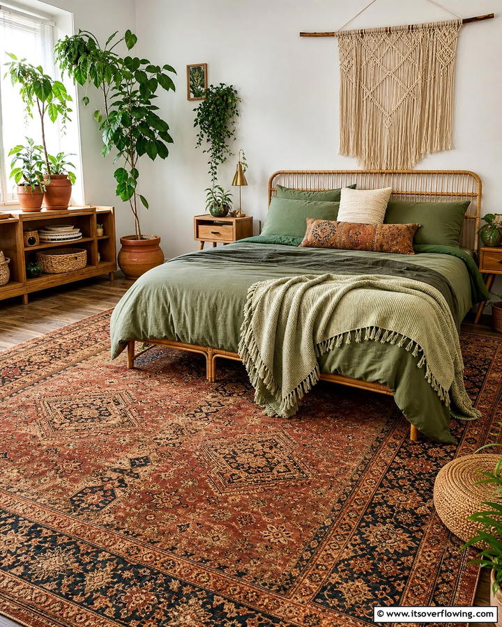 Vintage Rugs - 20 Green Boho Bedroom Ideas for a Relaxing Retreat