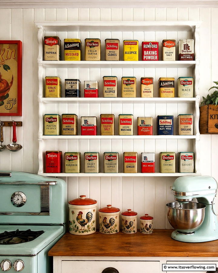 Vintage Spice Tin Display - 25 Spice Rack Ideas to Organize Your Kitchen