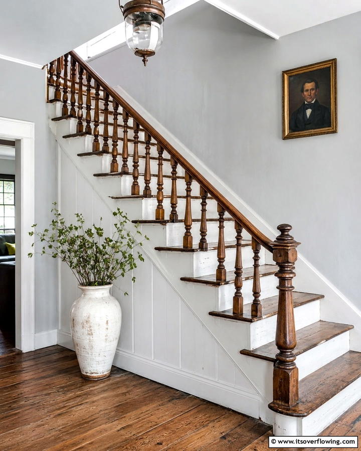 Vintage Spindle Elegance - 30 Rustic Farmhouse Stair Railing Ideas & Designs