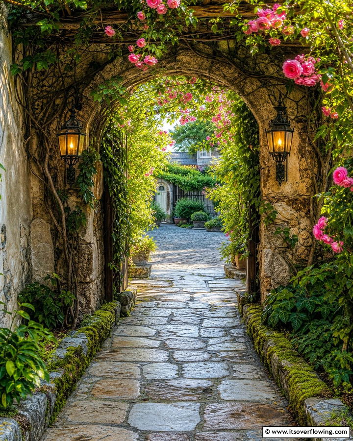 Vintage Stone Covered Path - 30 Covered Walkway Ideas for All-Weather Charm