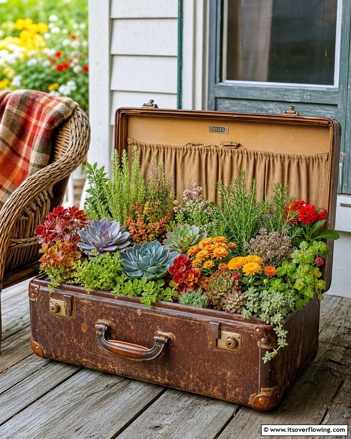 Vintage Suitcase Garden - 21 Fall Planter Ideas to Refresh Your Outdoor Spaces