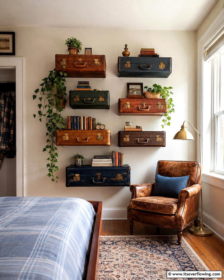 Vintage Suitcase Shelving - 25 Steampunk Bedroom Ideas for a Unique Vintage Look