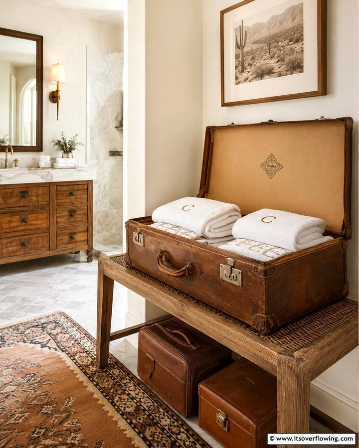 Vintage Suitcase Storage - 25 Towel Display Ideas to Organize Your Bathroom