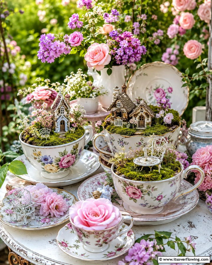 Vintage Teacup Fairy Scene - 20 Large Fairy Garden Ideas for a Magical Outdoor Space