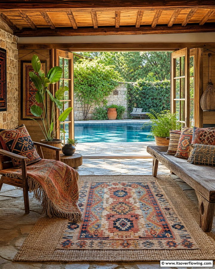 Vintage Textiles and Rugs - 20 Rustic Pool House Ideas for a Charming Retreat