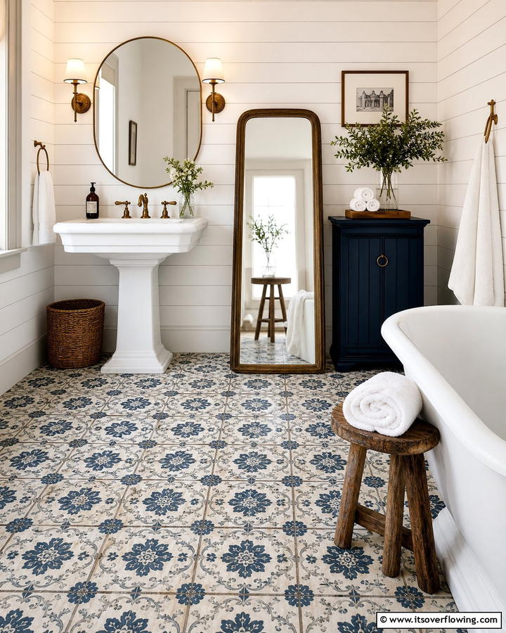 Vintage Tile Patterns - 21 Modern Farmhouse Bathroom Ideas Blending Rustic Charm