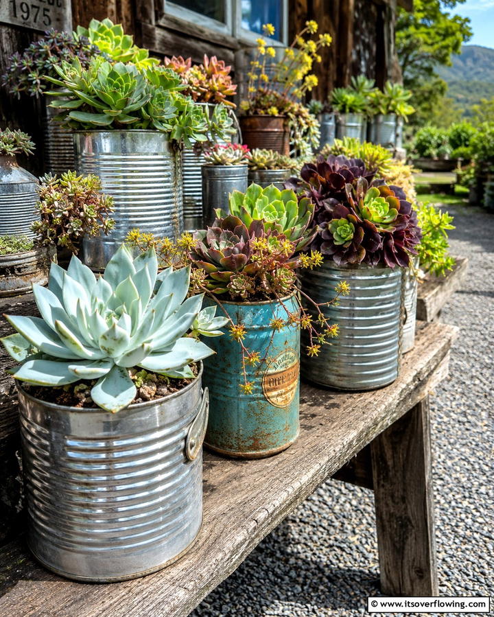 Vintage Tin Can Succulent Arrangement - 30 Outdoor Succulent Container Ideas for Easy Gardening