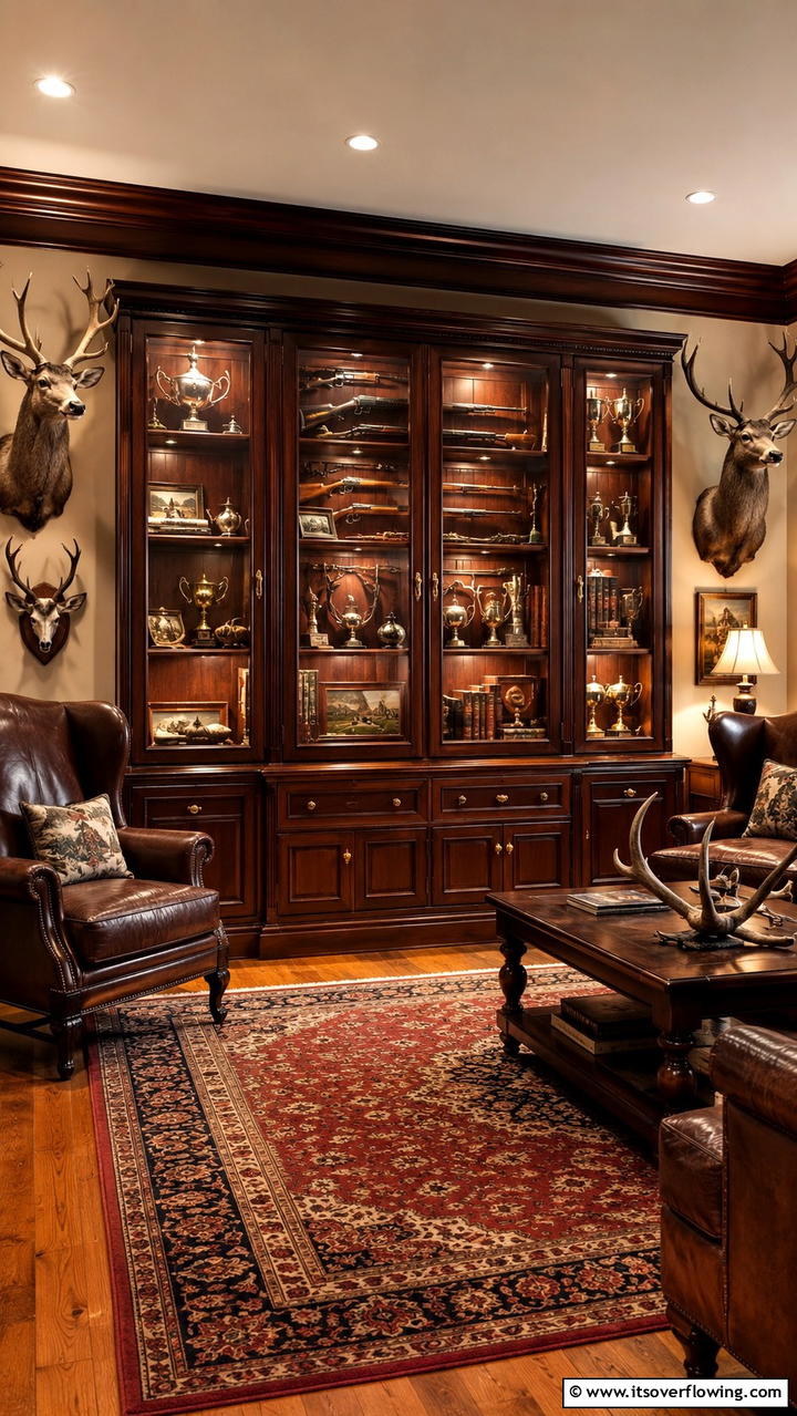 Vintage Trophy Cabinet - 30 Hunting Trophy Room Ideas for Rustic Decor