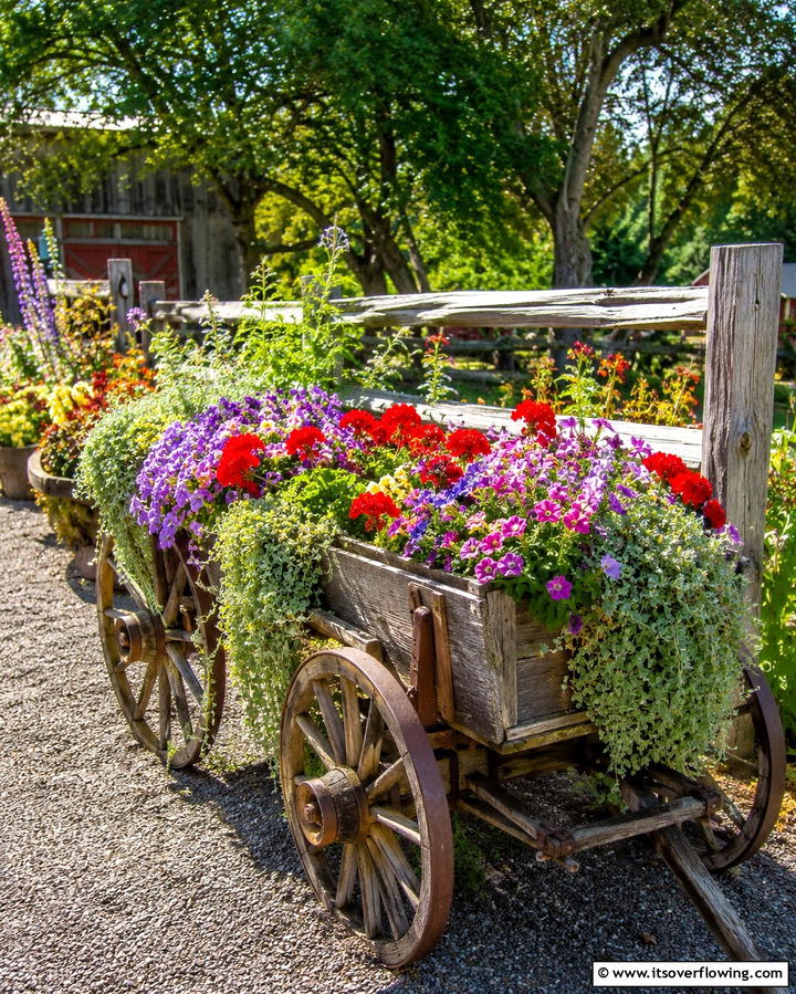 Vintage Wagon Planters - 30 Rustic Landscaping Ideas for Natural Yard Beauty