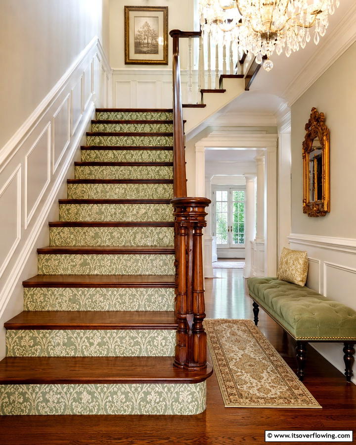 Vintage Wallpaper Effect - 25 Painted Stair Ideas to Transform Your Home