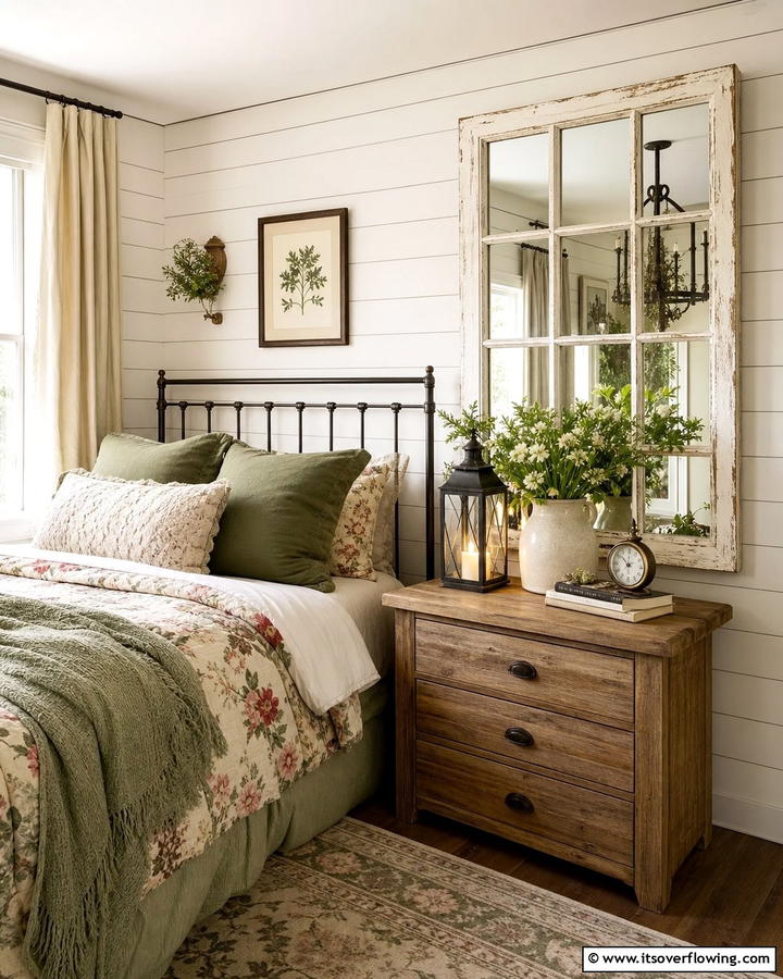 Vintage Windowpane Mirror for Unique Charm - 20 Mirror Behind Nightstand Design Ideas for Elegance