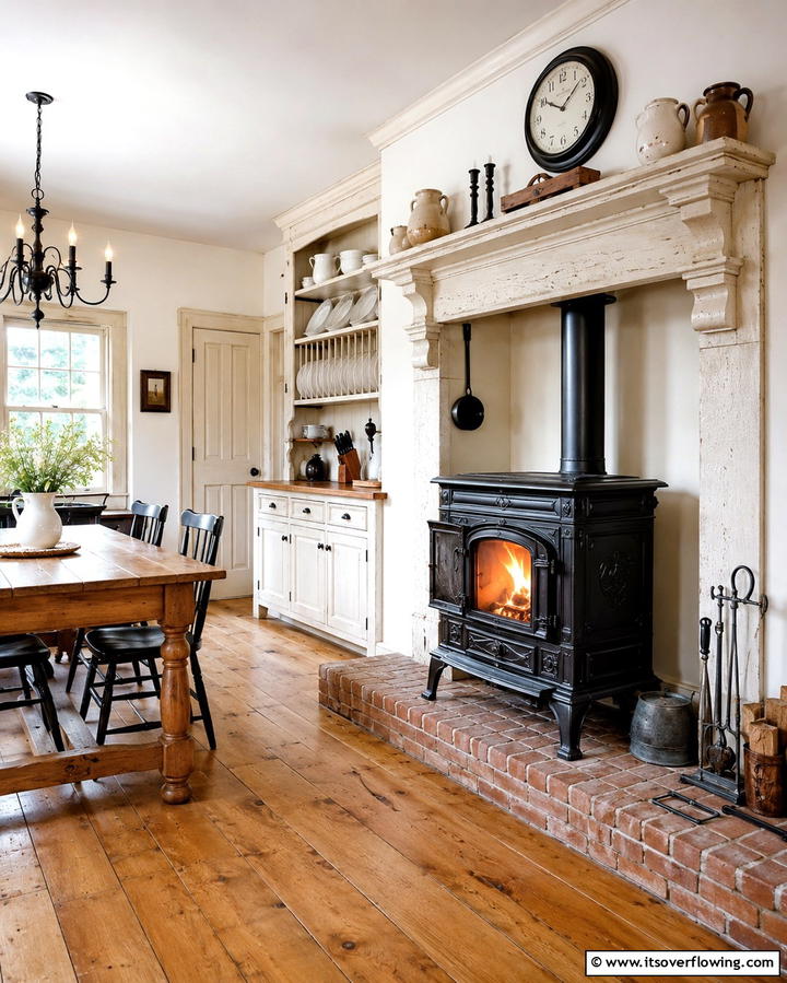 Vintage Wood Burning Stove Fireplaces - 25 Kitchens With Fireplaces for a Unique Cooking Space
