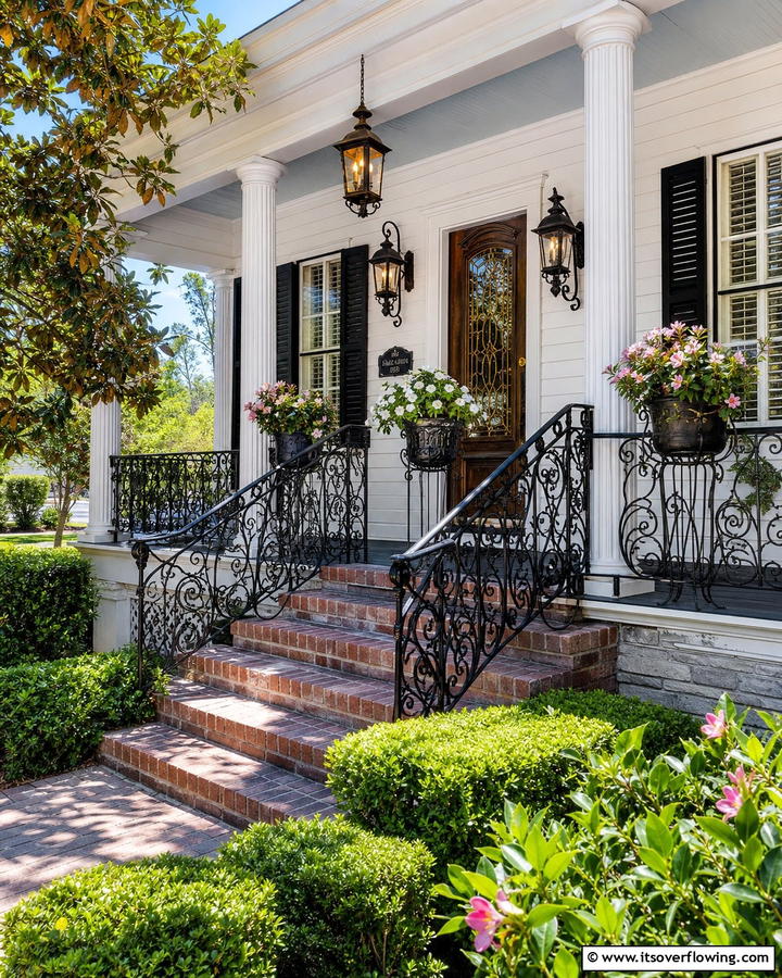 Vintage Wrought Iron Accents - 30 Southern Front Porch Ideas for Welcoming Outdoor Spaces