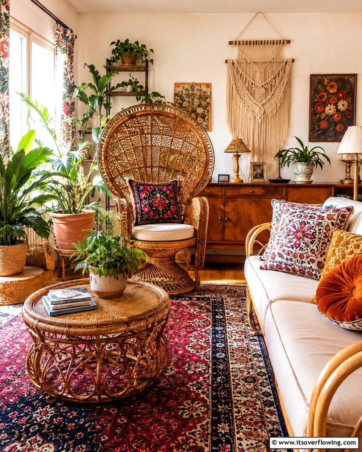 Vintage and Rattan Furniture - 25 Colorful Boho Living Room Ideas for a Vibrant Space