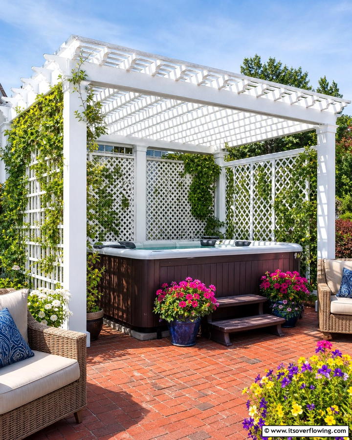 Vinyl Pergola with Lattice - 25 Hot Tub Enclosure Ideas for Year-Round Relaxation