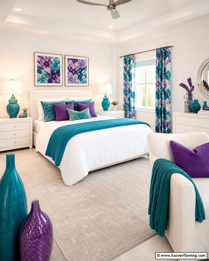 Violet and Teal Decorative Accents - 20 Blue and Purple Bedroom Ideas- Vibrant & Cozy Designs