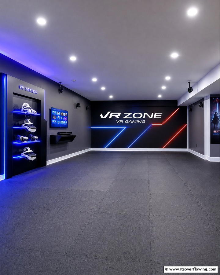 Virtual Reality Gaming Space - 30 Fun Basement Game Room Ideas for Family Entertainment