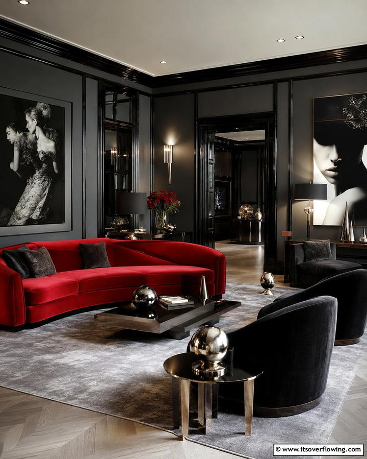 Visual Drama - 30 Living Room Grey Walls & Black Trim- Bold Contrast Ideas