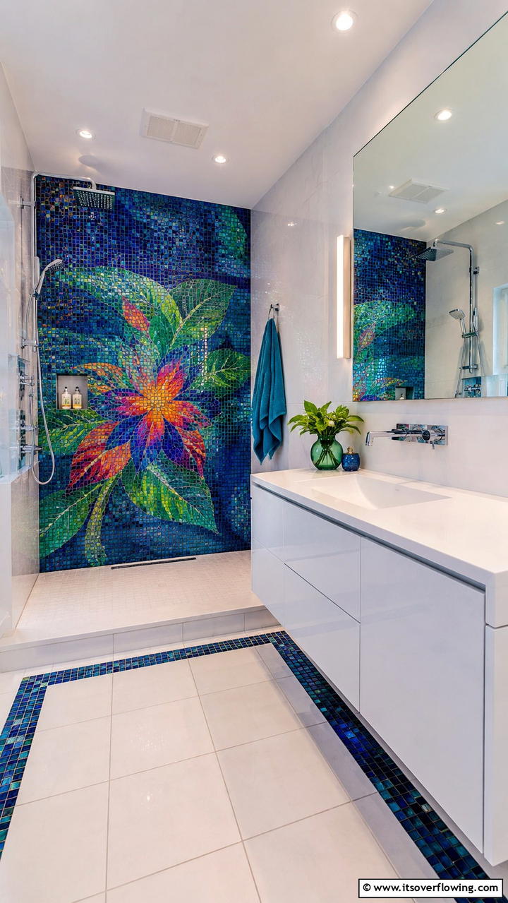 Vivid Mosaic Feature - 30 Doorless Walk-In Shower Ideas for Modern Bathrooms