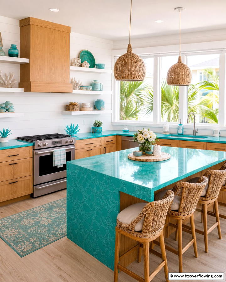 Vivid Turquoise Charm - 30 Countertop Colors That Harmonize With Oak Cabinets