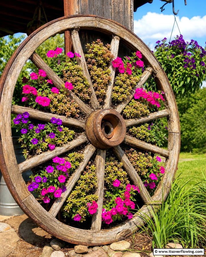 Wagon Wheel Plant Displays - 25 Outdoor Plant Stand Ideas for Greenery Lovers
