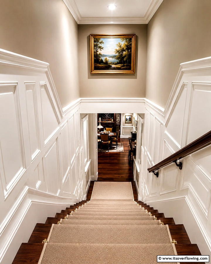 Wainscoting Along the Staircase Walls - 25 Basement Stair Ideas to Transform Your Space